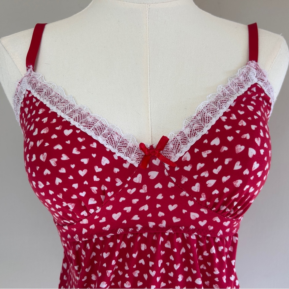 LAURA ASHLEY Babydoll Y2K Lace Trim Heart Print Cami Top Coquette Valentine Sz S - Picture 4 of 14